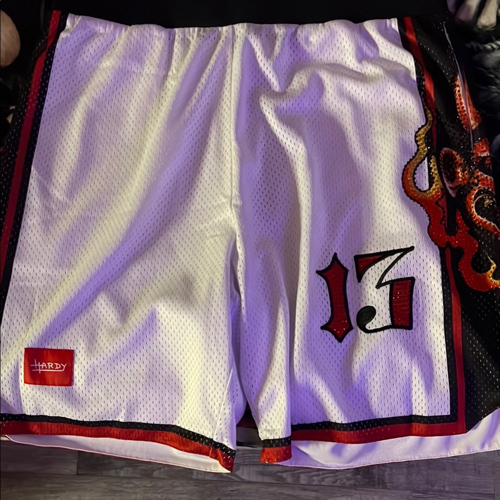 Ed Hardy Devil Rhinestone (#13) White-Black-Red Cargo Shorts with Bold Design